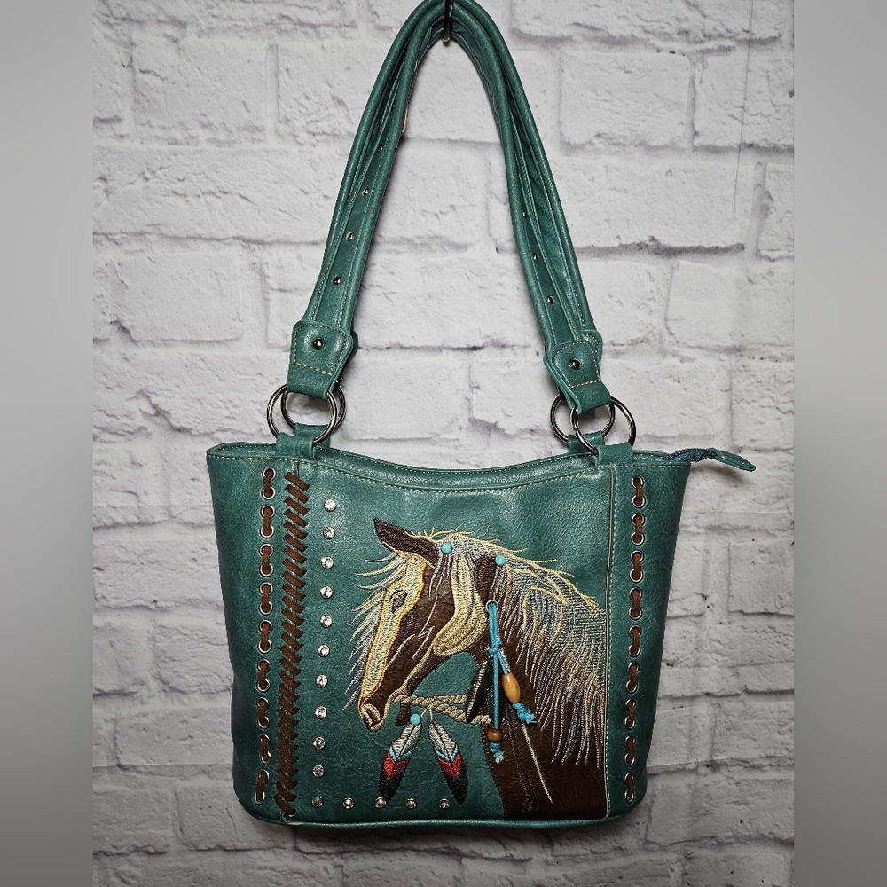 EUC Teal Embroidered Horse Design Vegan Leather Women's Bag